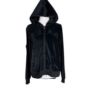 BCBGMaxazria Y2K Vintage Black Velour Embroidered Logo Zip Up Hoodie Jacket